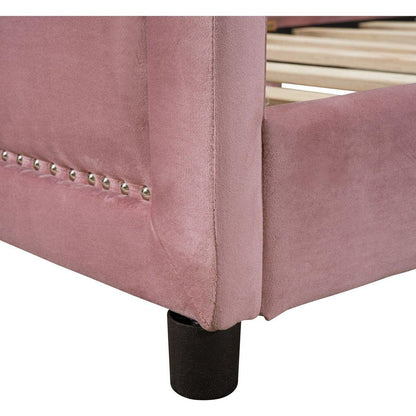 Twin Size Upholstered Daybed with Classic Stripe Shaped Headboard, Pink