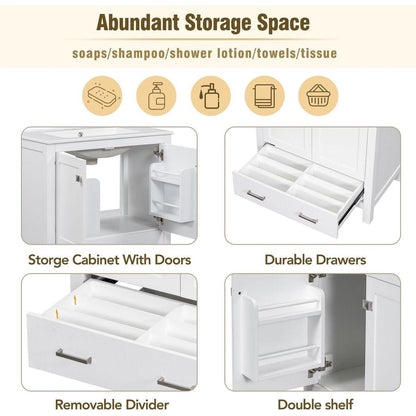 30" White Bathroom Vanity with Single Sink, Combo Cabinet Undermount Sink, Bathroom Storage Cabinet with 2 Doors and a Drawer, Soft Closing, Multifunctional Storage, Solid Wood Frame