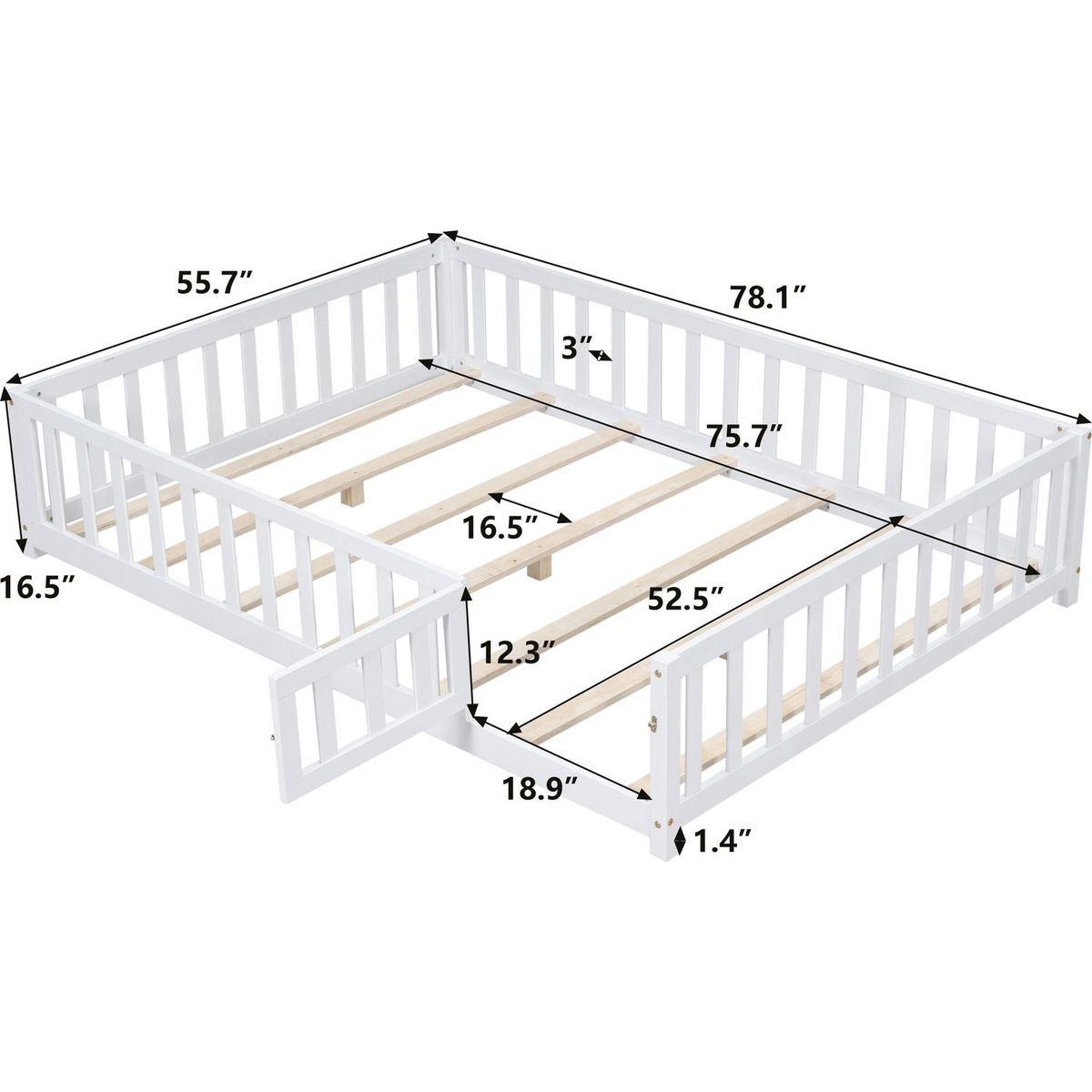 Full Size Floor Platform Bed with Fence and Door for Kids, Montessori Floor Bed Frame with Support Slats for Toddlers, Wooden Floor Bed White