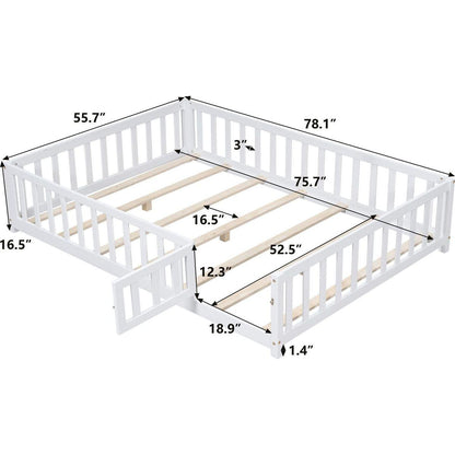 Full Size Floor Platform Bed with Fence and Door for Kids, Montessori Floor Bed Frame with Support Slats for Toddlers, Wooden Floor Bed White