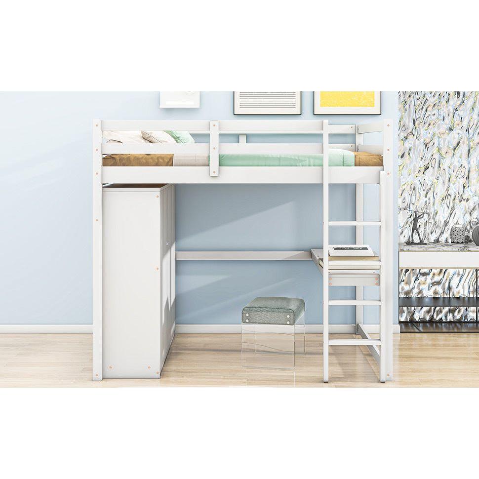 Wood Full Size Loft Bed with Built-in Wardrobe, Desk, Storage Shelves and Drawers, White