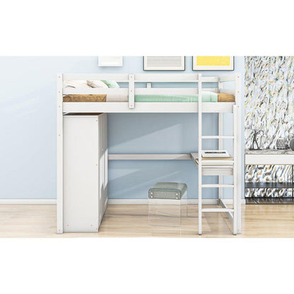 Wood Full Size Loft Bed with Built-in Wardrobe, Desk, Storage Shelves and Drawers, White
