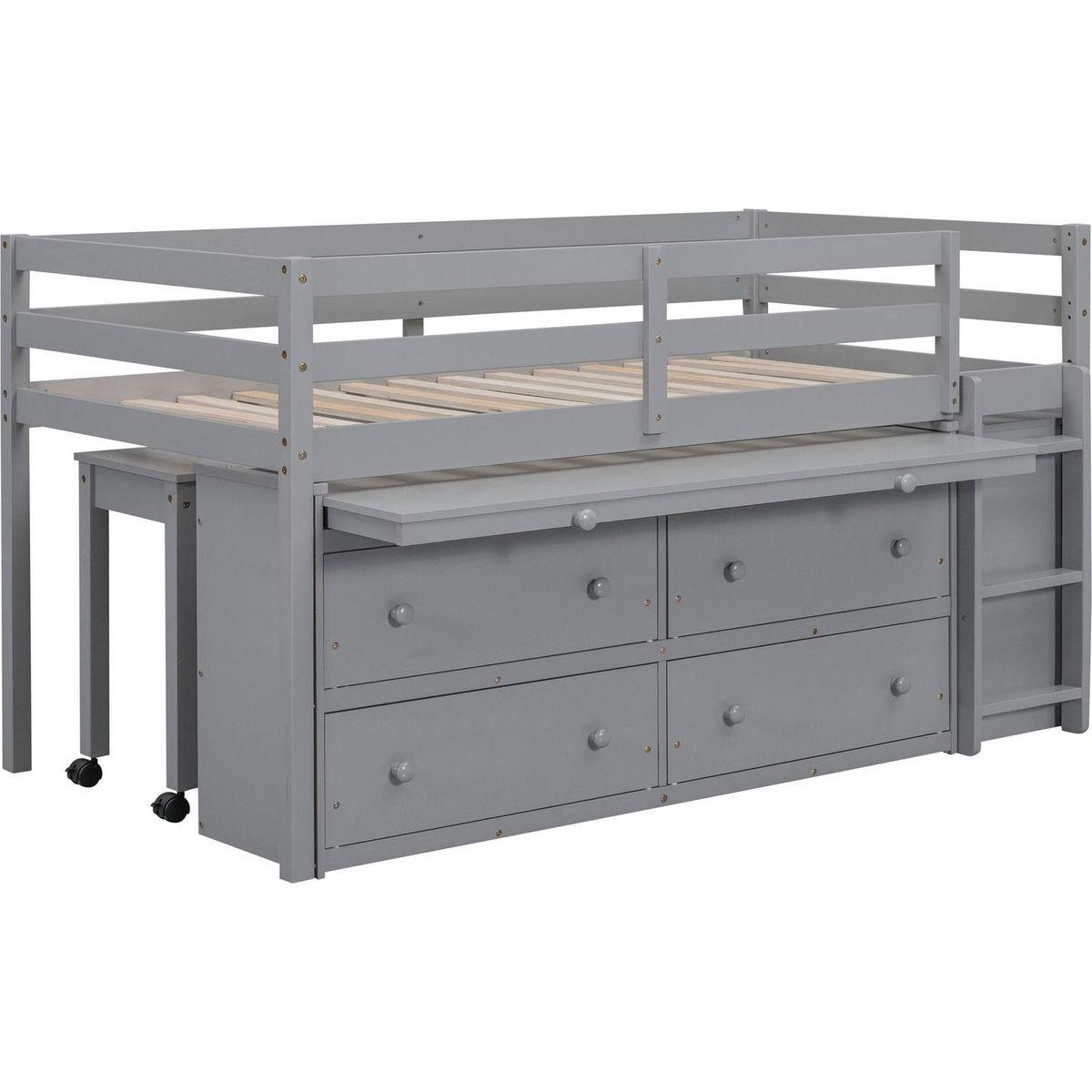 Twin Size Loft Bed with Retractable Writing Desk and 4 Drawers, Wooden Loft Bed with Lateral Portable Desk and Shelves, Gray