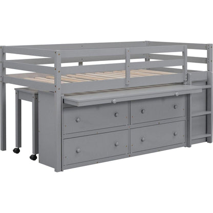 Twin Size Loft Bed with Retractable Writing Desk and 4 Drawers, Wooden Loft Bed with Lateral Portable Desk and Shelves, Gray