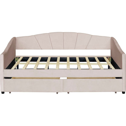 Upholstered daybed Twin Size with Two Drawers and Wood Slat, Beige