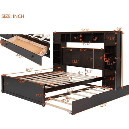Queen Size Wooden Bed With All-in-One Cabinet, Shelf and Sockets, Espresso