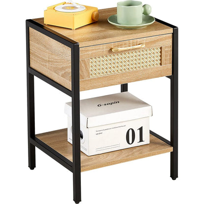 15.74" Rattan End table with drawer, Modern nightstand, metal legs,side table for living room, bedroom,natural(1 pc)