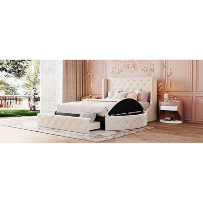 Upholstered Platform Bed Queen Size Storage Velvet Bed with Wingback Headboard and 1 Big Drawer,2 Side Storage Stool(Beige)