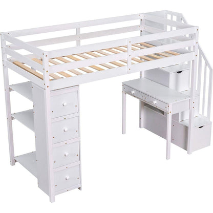Twin size Loft Bed with Storage Drawers, Desk and Stairs, Wooden Loft Bed with Shelves - White
