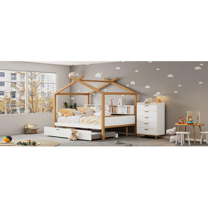 White Twin Size Wooden House Bed with Original Wood Colored Frame Twin Size Trundle and Bookshelf Storage Space for Children or Guest Room