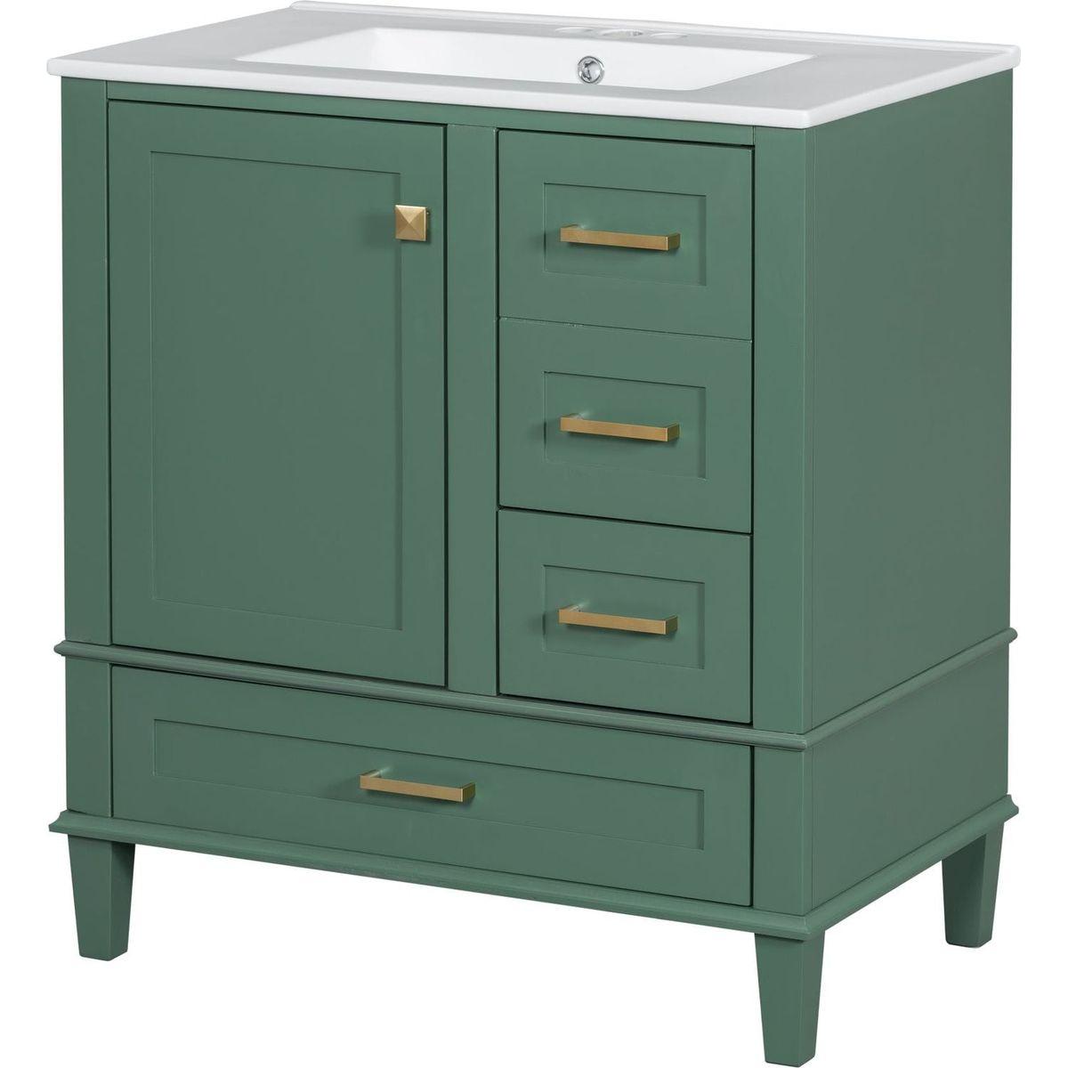 30" Bathroom Vanity in Green, Modern Bathroom Cabinet with Sink Combo Set, Bathroom Storage Cabinet with a Soft Closing Door and 3 Drawers, Solid Wood Frame