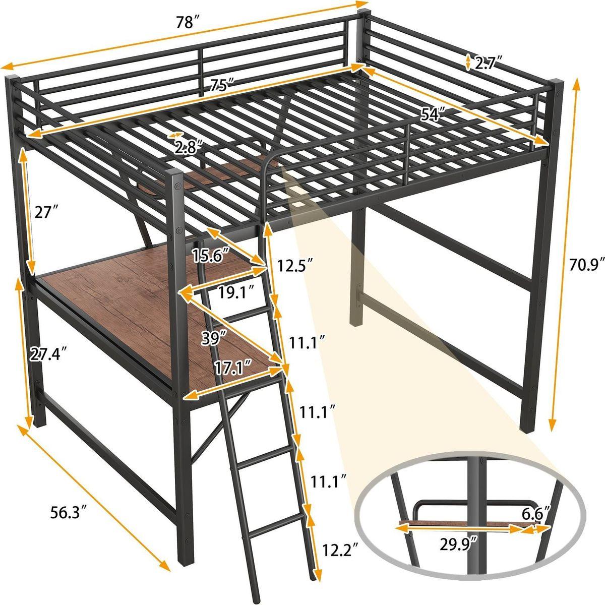 Full Size Loft Metal&MDF Bed with Desk and Shelf, Black