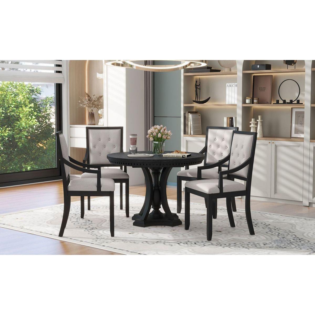 Retro 5-piece Dining Set Extendable Round Table and 4 Chairs for Kitchen Dining Room (BLACK OAK)