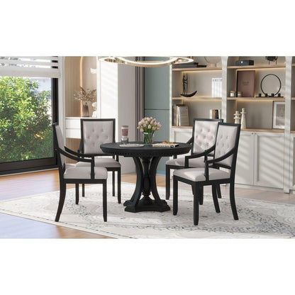 Retro 5-piece Dining Set Extendable Round Table and 4 Chairs for Kitchen Dining Room (BLACK OAK)