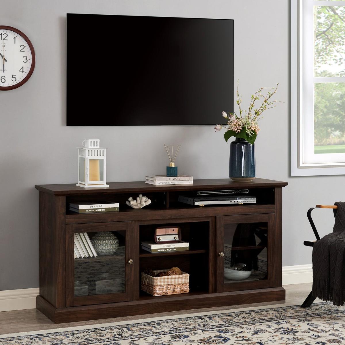 Contemporary TV Media Stand Modern Entertainment Console for TV Up to 65" with Open and Closed Storage Space, Brown, 60"Wx15.75"Dx29"H