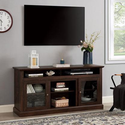 Contemporary TV Media Stand Modern Entertainment Console for TV Up to 65" with Open and Closed Storage Space, Brown, 60"Wx15.75"Dx29"H