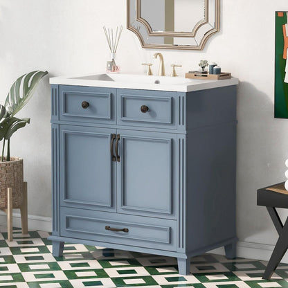 30" Bathroom Vanity with Resin Sink,Solid Wood Frame Bathroom Storage Cabinet with Soft Closing Doors,Retro Style, Blue