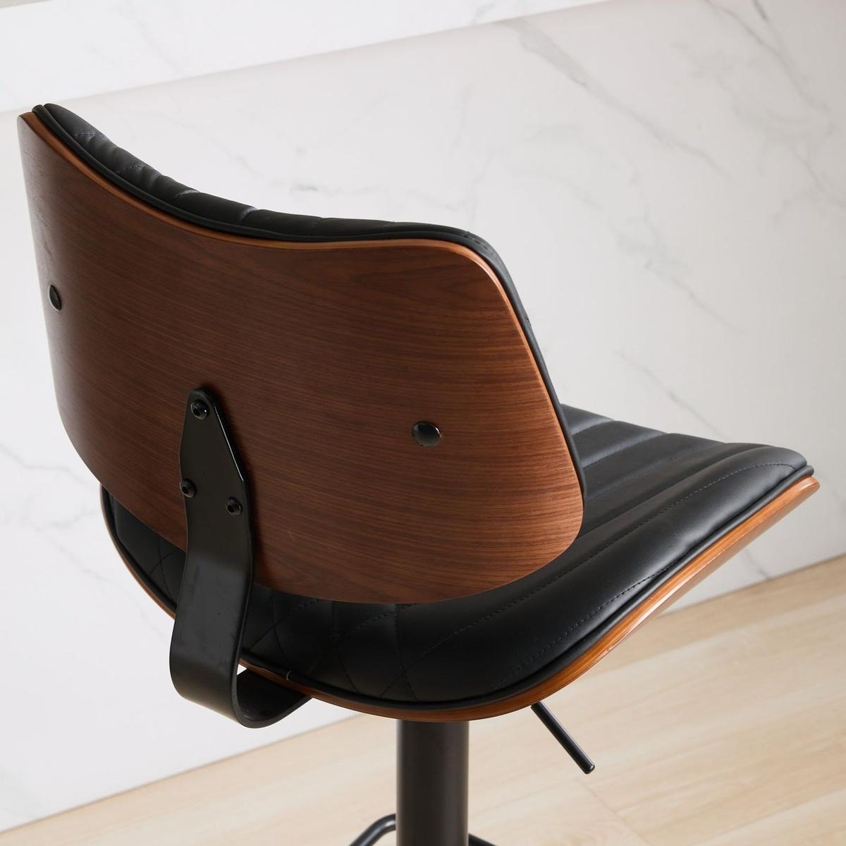 Walnut Bentwood Bar Stools Mid Century Modern Adjustable Counter Height Black Leather Upholstered 360Swivel Bar Chairs for Kitchen Island/Dining Room/Cafe, 1 chair/1carton,Black