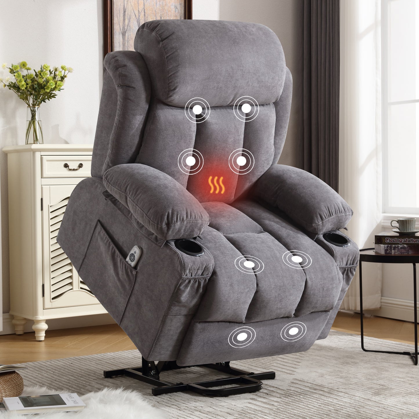 Power Lift Recliner Chair with Heat and Massage Electric Fabric Recliner Chair for Elderly with Side Pocket, USB Charge Port, Remote Control for Living Room (Grey)A+B