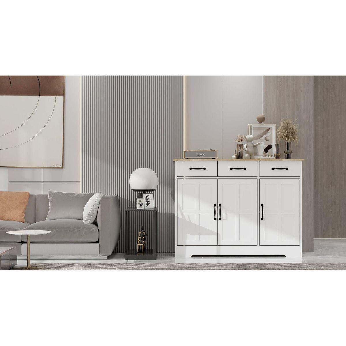 Farmhouse Buffet Cabinet Storage Sideboard with 3 Drawers and 3 Doors for Dining Living Room Kitchen Cupboard-White