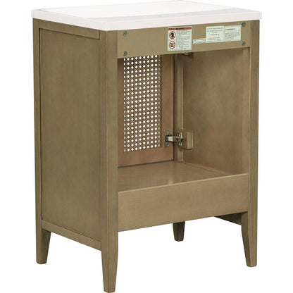 24" Bathroom Vanity with Ceramic Basin, Rattan Bathroom Storage Cabinet with Two Doors and Drawer, Solid Frame, Natural