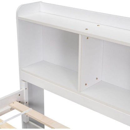 Full Bed with Bookcase Headboard, Under bed Storage Drawers and Bed End Storage Case,White