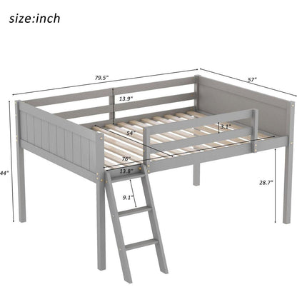 Full Size Wood Low Loft Bed with Ladder, ladder can be placed on the left or right, Gray