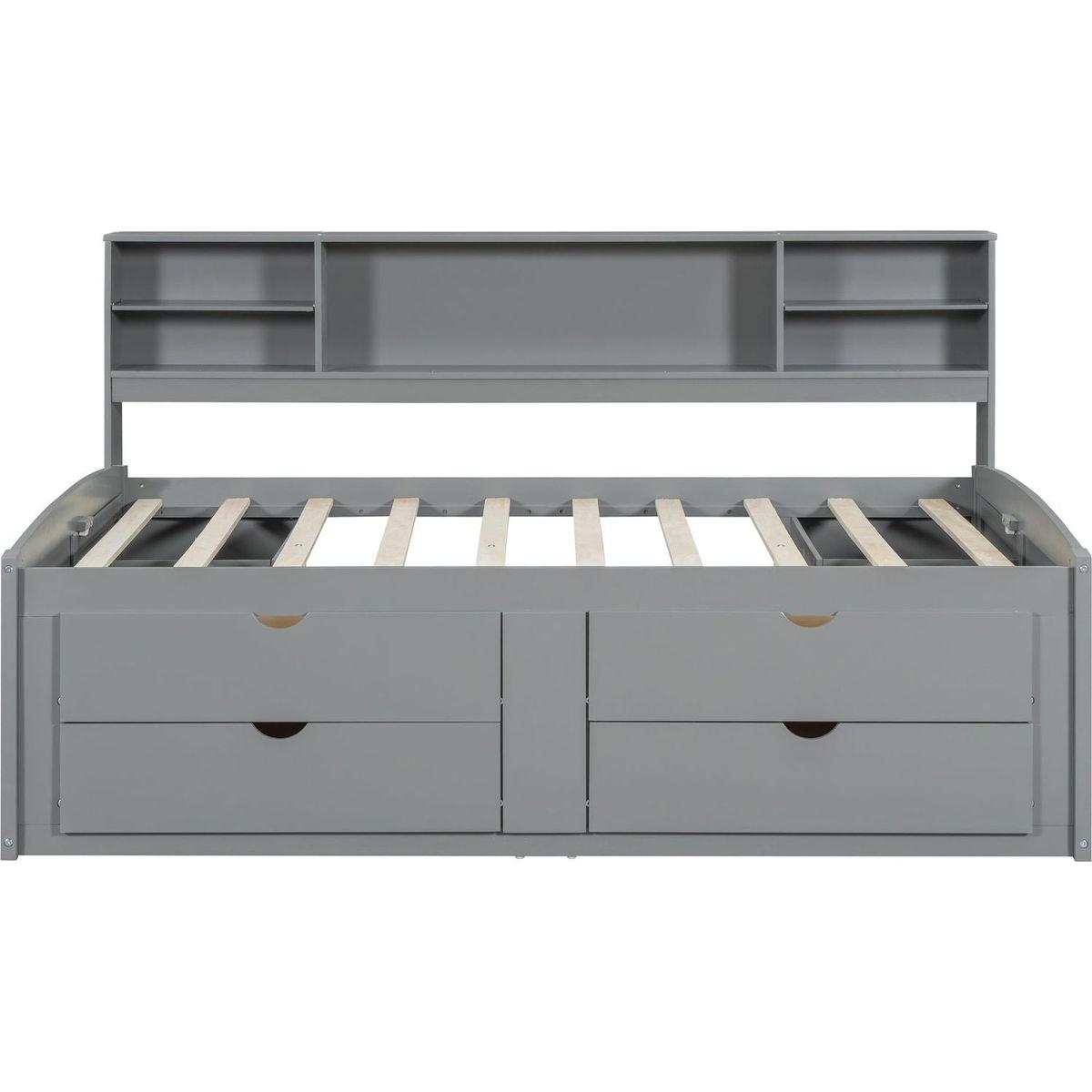 Full Size Wood Daybed with 2 Bedside Cabinets, Upper Shelves and 4 Drawers, Gray