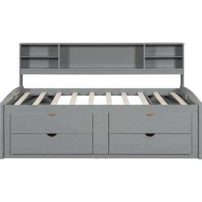 Full Size Wood Daybed with 2 Bedside Cabinets, Upper Shelves and 4 Drawers, Gray