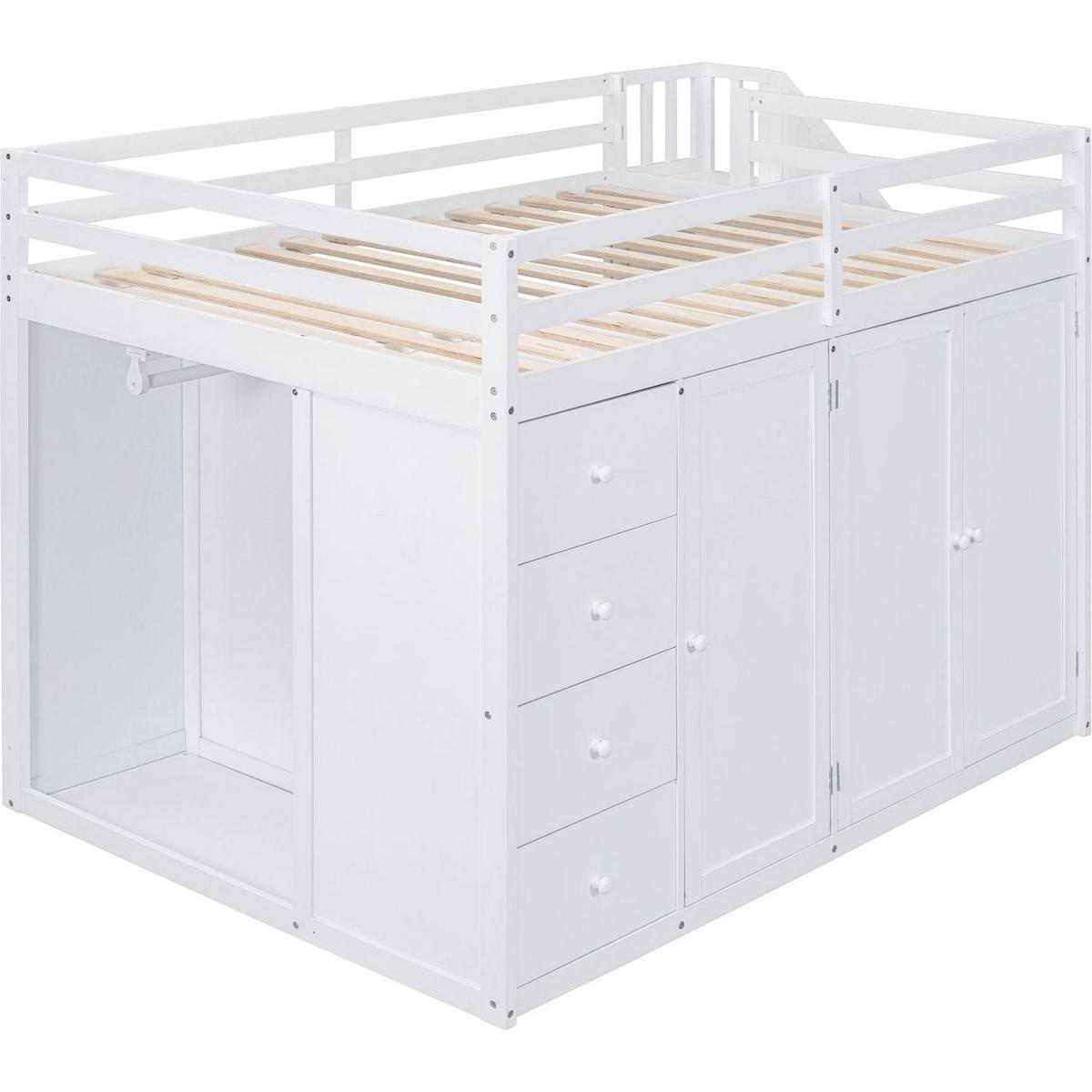 Full Size Wood Loft Bed With Built-in Wardrobes, Cabinets and Drawers, White