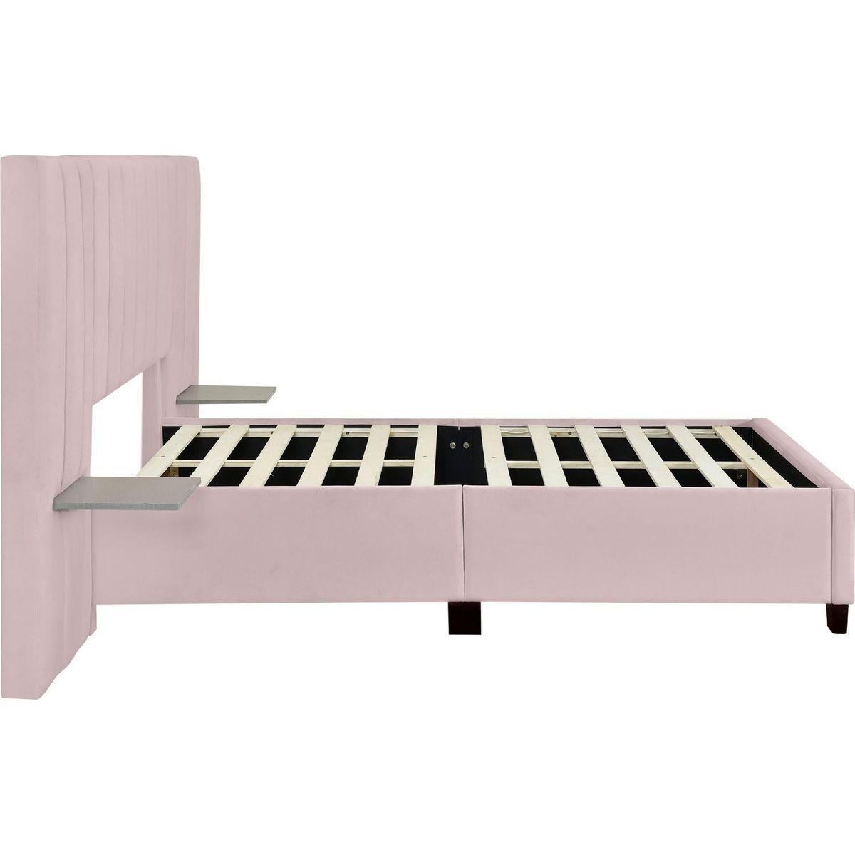 Full Size Upholstered Platform Bed with Big Headboard, Bedroom Furniture, Velvet, Pink