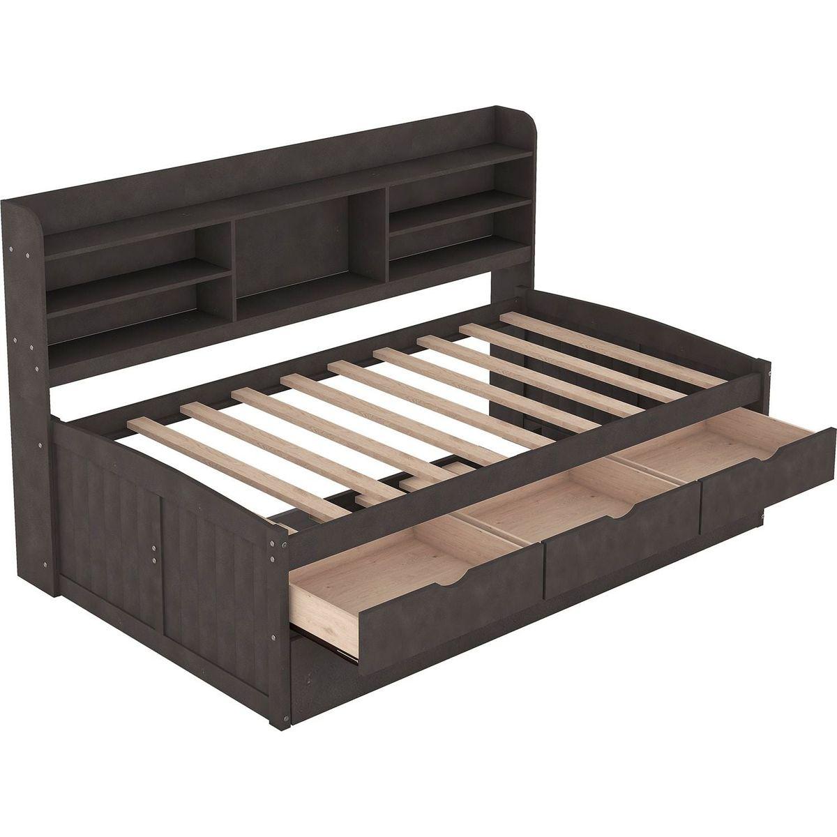 Twin Size Wooden Captain Bed with Built-in Bookshelves,Three Storage Drawers and Trundle,Antique Gray