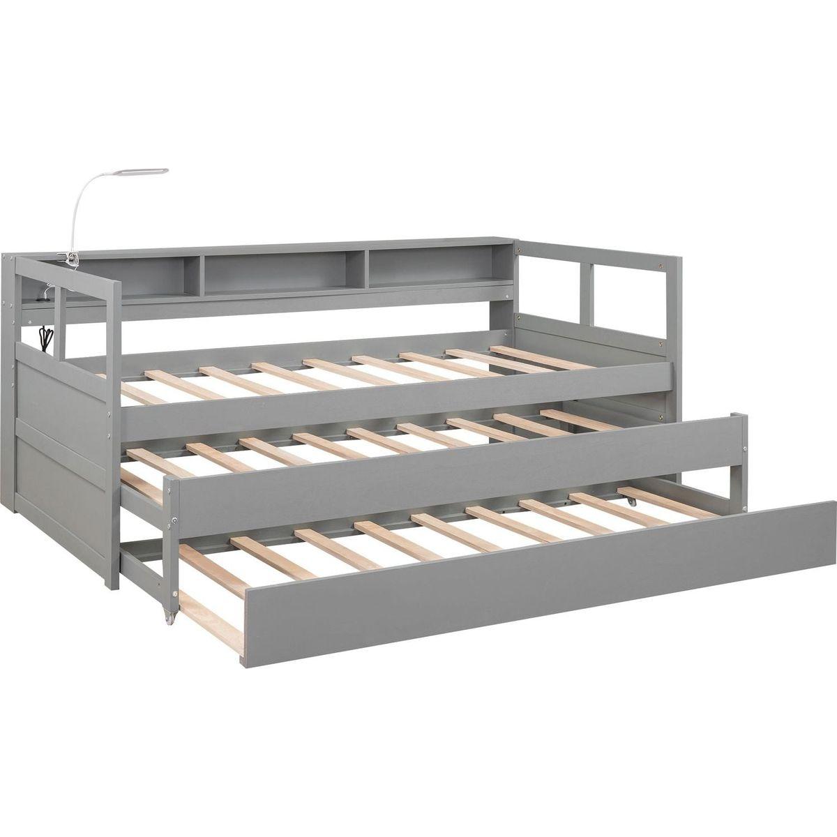 Twin XL Wood Daybed with 2 Trundles, 3 Storage Cubbies, 1 Light for Free and USB Charging Design, Gray