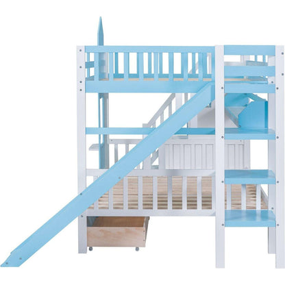 Full-Over-Full Castle Style Bunk Bed with 2 Drawers 3 Shelves and Slide - Blue