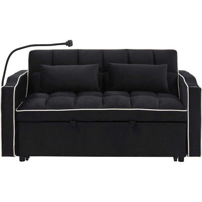 55.51 inch versatile foldable sofa bed in 3 lengths, modern sofa sofa sofa velvet pull-out bed, adjustable back and with USB port and ashtray and swivel phone stand (Black)