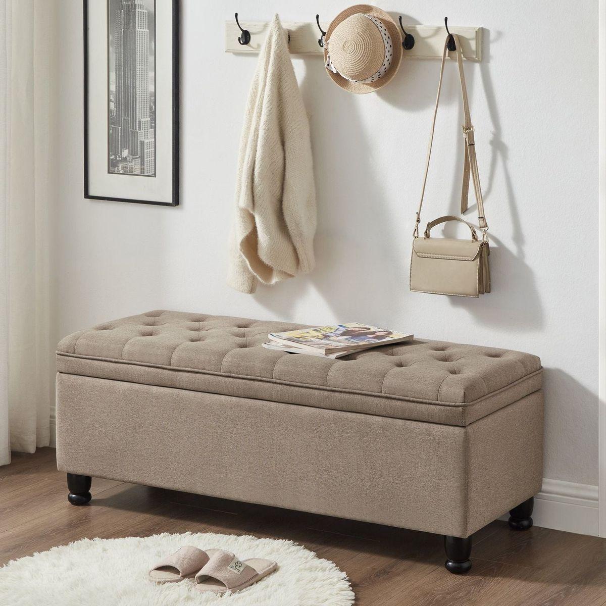 Upholstered tufted button storage bench, Linen fabric entry bench with spindle wooden legs, Bed bench- Linen