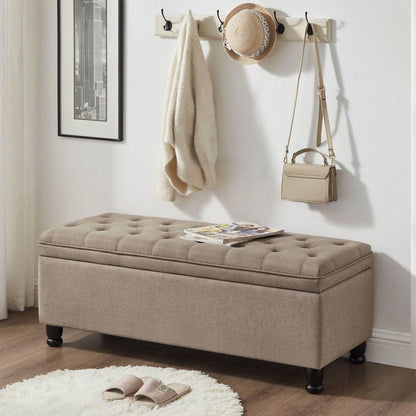 Upholstered tufted button storage bench, Linen fabric entry bench with spindle wooden legs, Bed bench- Linen