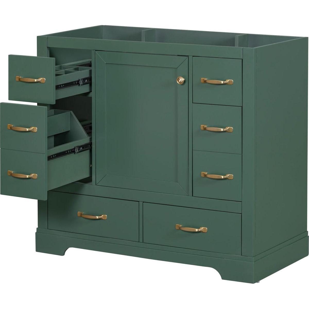 36" Bathroom Vanity without Sink, Cabinet Base Only, Six Drawers, Multi-Functional Drawer Divider, Adjustable Shelf, Green