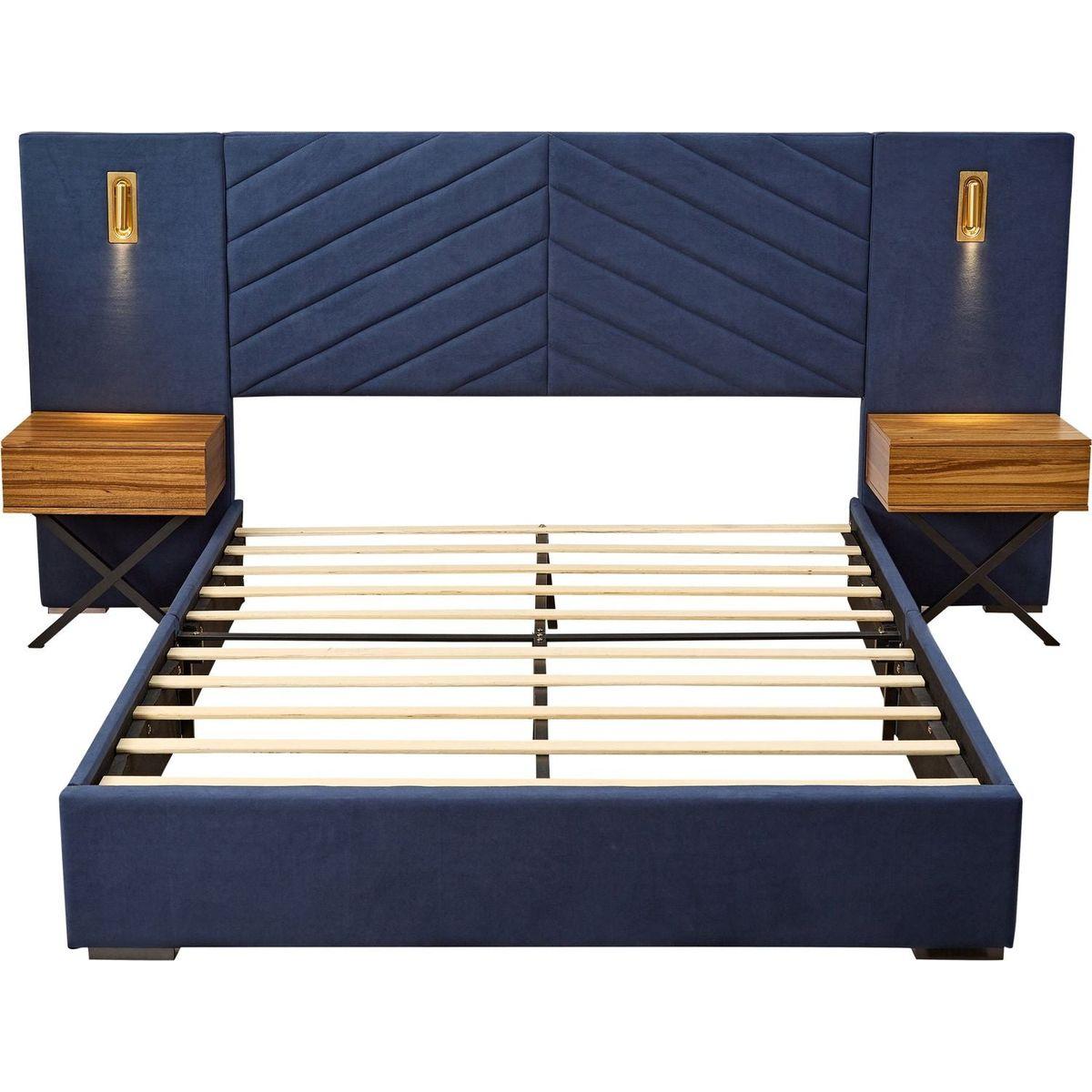 Queen Size Velvet Bed Frame/Vertical Channel Tufted Wingback Headboard/Upholstered Platform Bed/Strong Wooden Slats/No Box Spring Needed/Easy AssemblyRoyal blue