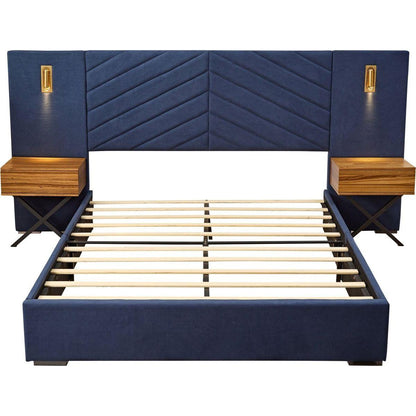 Queen Size Velvet Bed Frame/Vertical Channel Tufted Wingback Headboard/Upholstered Platform Bed/Strong Wooden Slats/No Box Spring Needed/Easy AssemblyRoyal blue