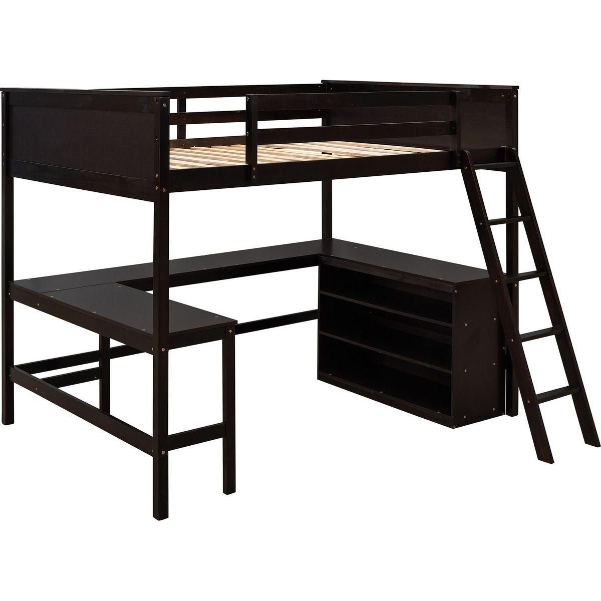 Full size Loft Bed with Shelves and Desk, Wooden Loft Bed with Desk - Espresso