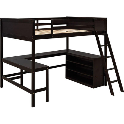 Full size Loft Bed with Shelves and Desk, Wooden Loft Bed with Desk - Espresso