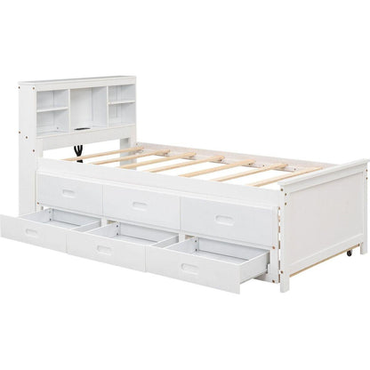 Twin Size Platform Bed with Storage Headboard, USB, Twin Size Trundle and 3 Drawers, White