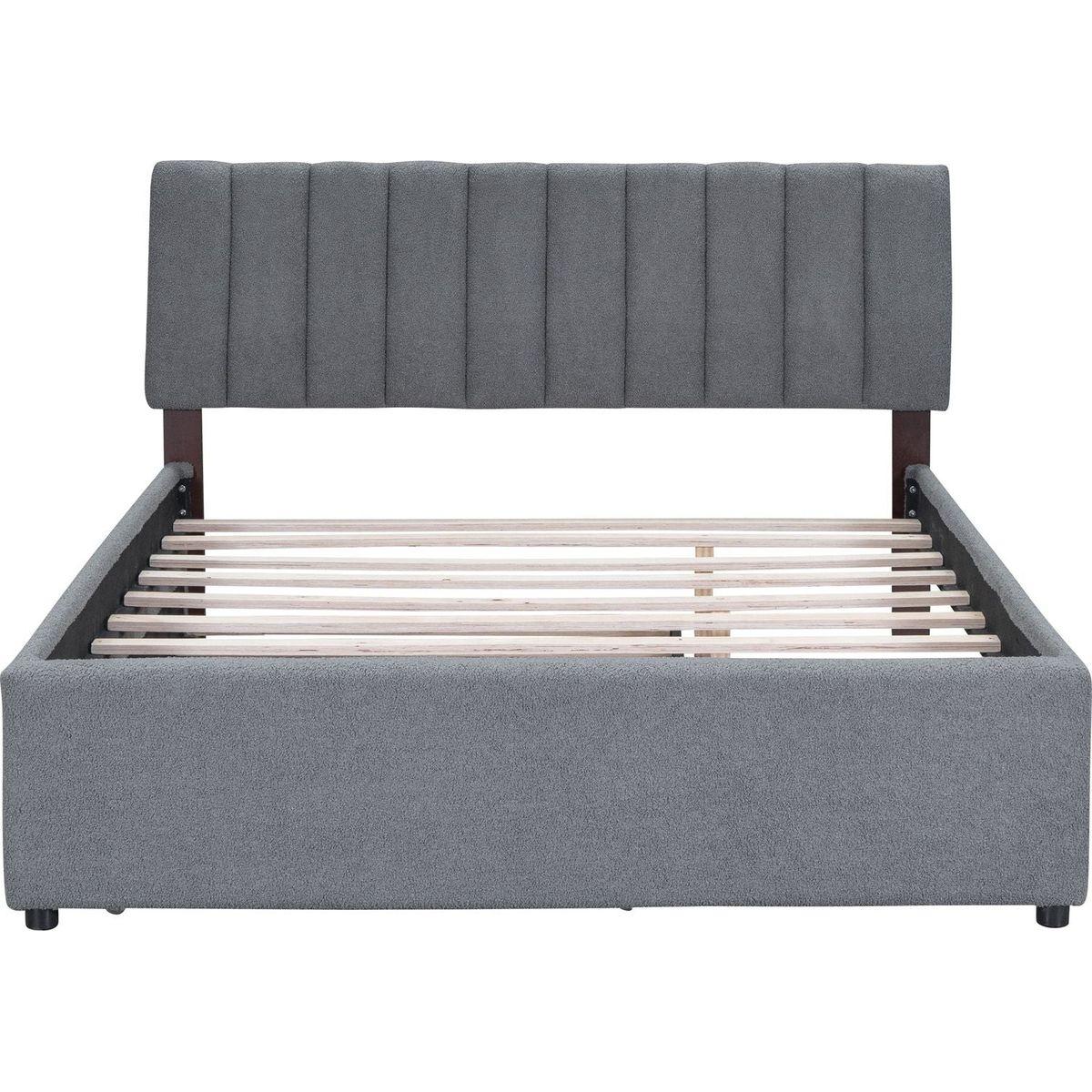 Teddy Fleece Queen Size Upholstered Platform Bed with Trundle, Gray