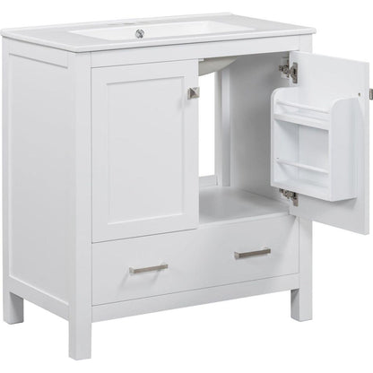 30" White Bathroom Vanity with Single Sink, Combo Cabinet Undermount Sink, Bathroom Storage Cabinet with 2 Doors and a Drawer, Soft Closing, Multifunctional Storage, Solid Wood Frame