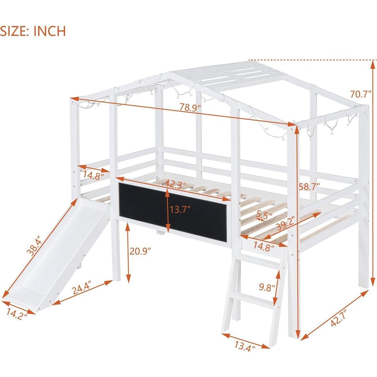 Twin Size Loft Bed with Ladder and Slide, House Bed with Blackboard and Light Strip on the Roof, White