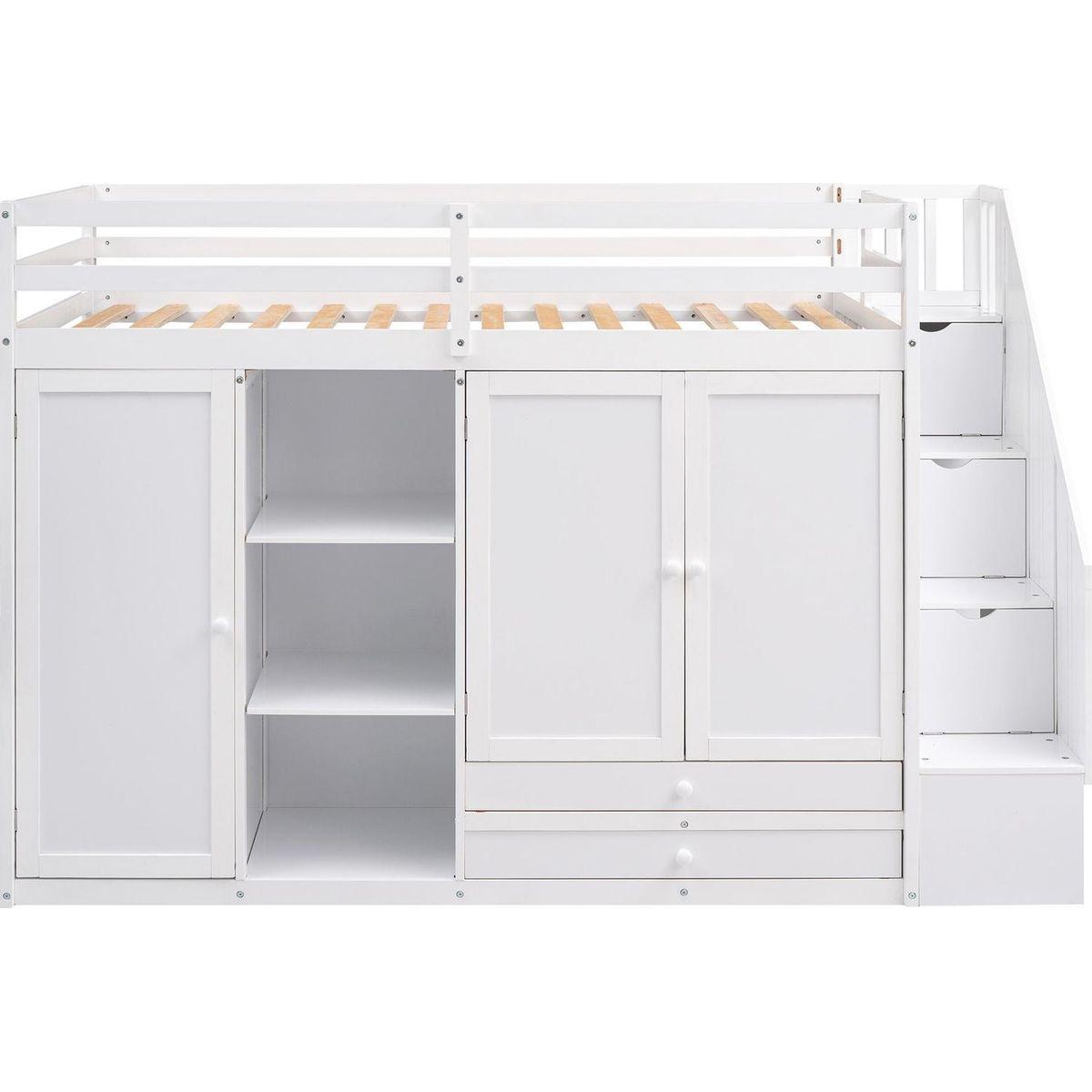 Functional Loft Bed with 3 Shelves, 2 Wardrobes and 2 Drawers, Ladder with Storage, No Box Spring Needed, White