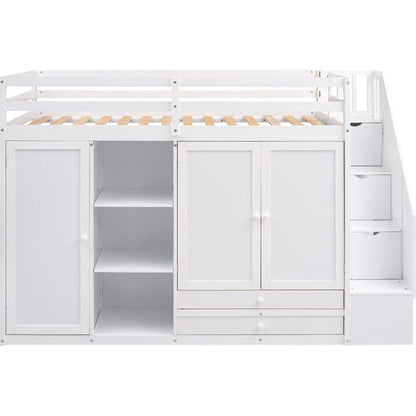 Functional Loft Bed with 3 Shelves, 2 Wardrobes and 2 Drawers, Ladder with Storage, No Box Spring Needed, White