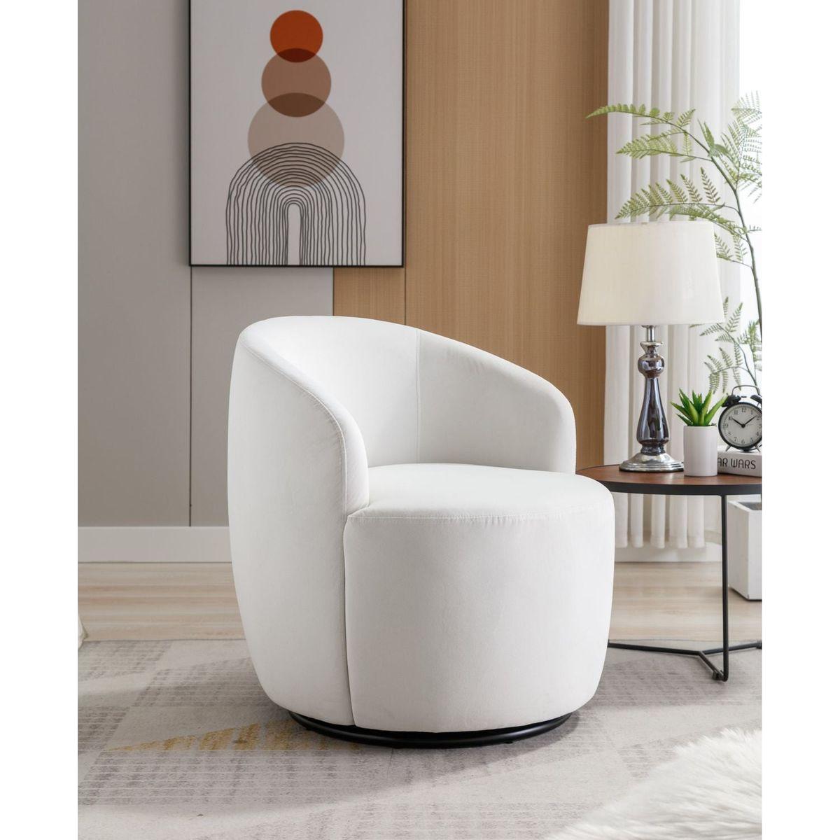 Velvet Fabric Swivel Accent Armchair Barrel Chair With Black Powder Coating Metal Ring,White