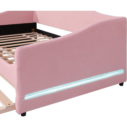 Teddy Fleece Twin Size Upholstered Daybed with Light and Trundle, Pink